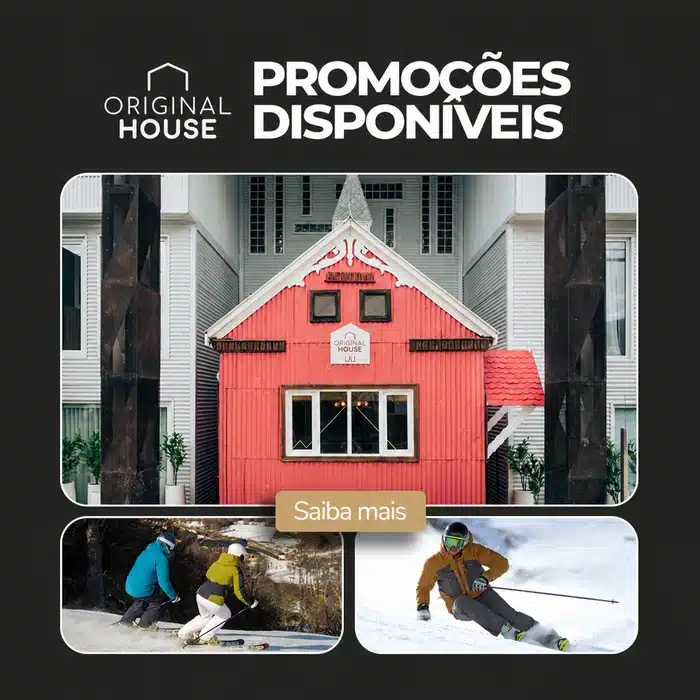 Promoções disponíveis no Original House Ushuaia: fachada do hotel e esquiadores na neve, botão Saiba mais